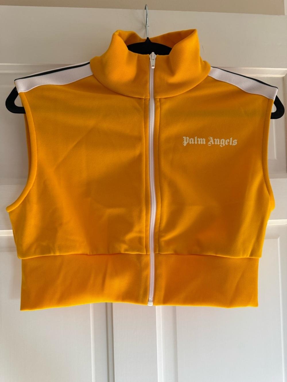 Palm Angels Bright Yellow Zip-Up Cropped Track Vest with White Accents